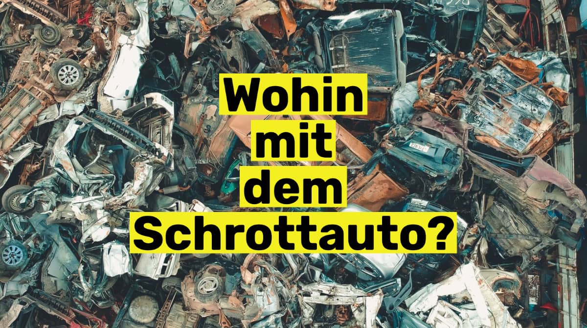 Das Bild zeigt einen Schrottplatz. Die Überschrift lautet: Wohin mit dem Schrottauto?